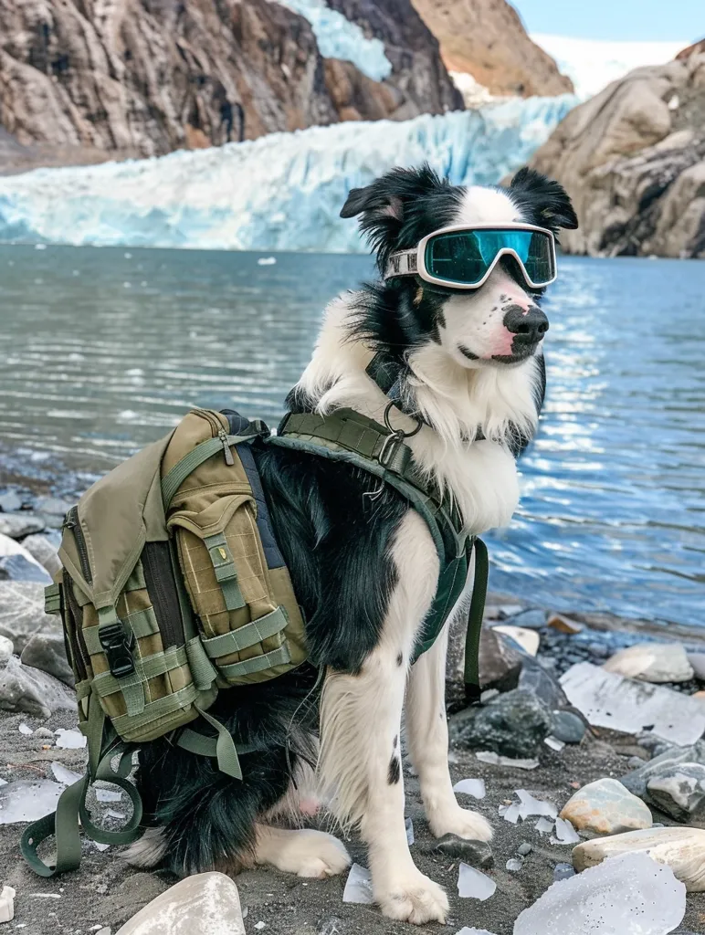 A black and white border collie wearing blue goggles and a green backpack sits on a rocky shore near a glacier. The dog has a serious expression and looks towards the water. The glacier is in the background and appears to be melting, with chunks of ice scattered on the shore. The scene is one of adventure and exploration, with the dog ready to take on the challenge.