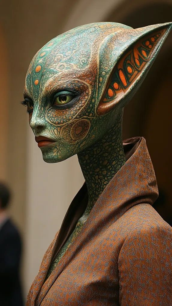 The image shows a close-up of a person's face and neck. They have large, pointed ears and intricate, green and orange markings all over their skin. Their eyes are wide and slightly tilted. Their neck is covered in a pattern of green and brown scales, and their clothing is a warm brown color. They are looking off to the side with a neutral expression on their face. The background is a muted beige. The subject appears to be an alien creature with a unique and detailed design.