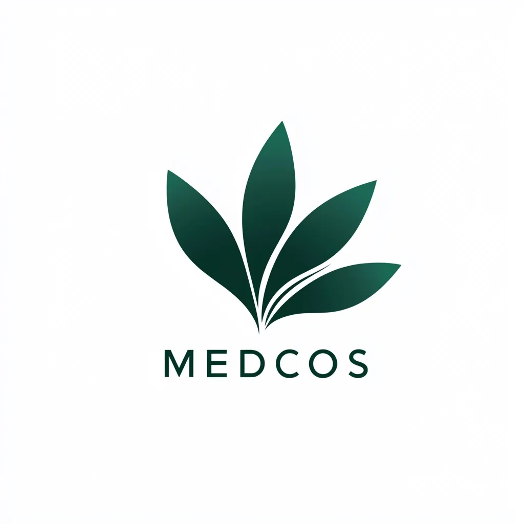 The image is a logo for a company called Medcos. The logo features a stylized representation of a plant, with three green leaves arranged in a circular pattern. The leaves are depicted in a gradient of dark green shades, giving them a realistic and natural appearance. The word "Medcos" is displayed in a simple sans-serif font below the leaves. The logo is designed to convey a sense of natural health and wellness, which might suggest a company specializing in herbal remedies, natural supplements, or organic products. The white background provides a clean and minimalist backdrop for the logo, highlighting its simplicity and elegance.
