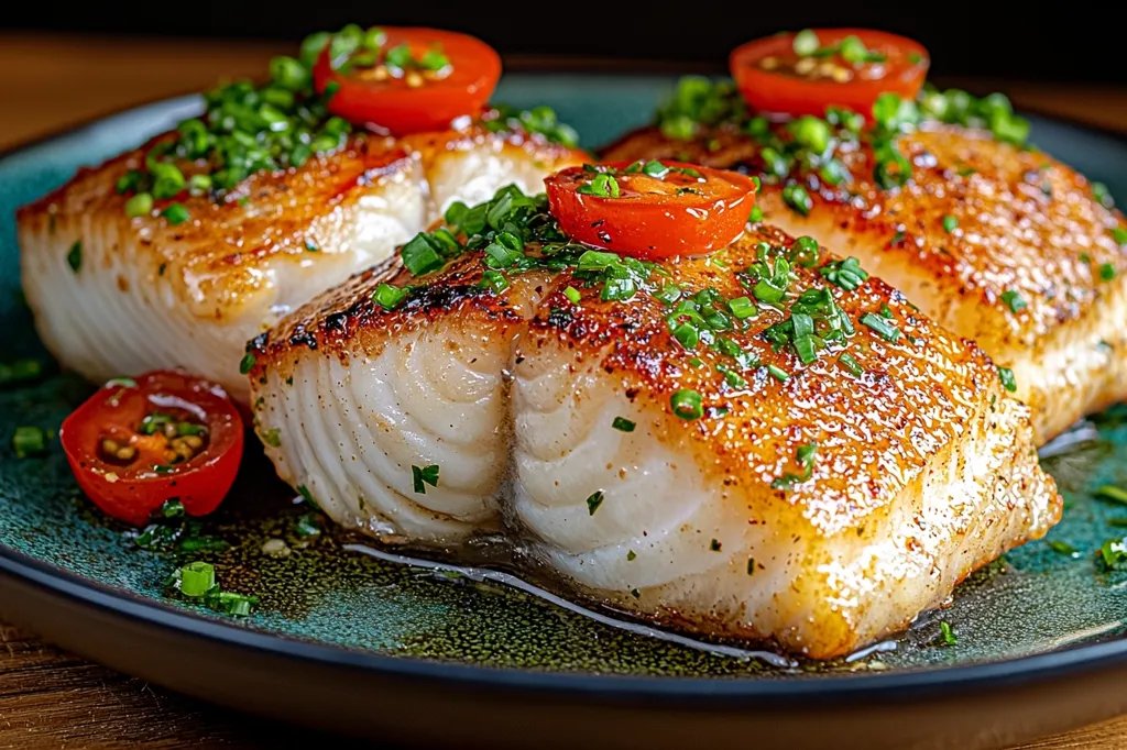 A close-up shot of a plate of pan-seared fish fillets with a crispy crust. The fish is topped with chopped chives and cherry tomatoes. The plate is teal and the fillets are surrounded by a pool of melted butter. The dish looks delicious and ready to be enjoyed.