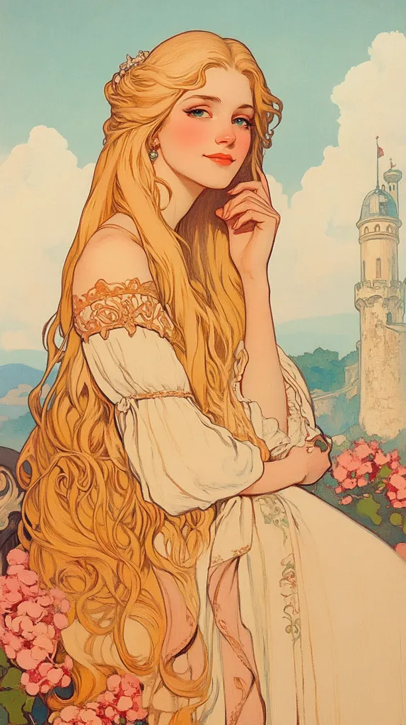 The image depicts a young woman with long, flowing blonde hair, dressed in a white gown with delicate floral embroidery. She has a gentle smile and her eyes are closed, suggesting a moment of peace or contemplation. She appears to be sitting in a garden, surrounded by pink flowers.  A tall, ornate tower in the background provides a sense of royalty and grandeur. The overall mood is serene and romantic.