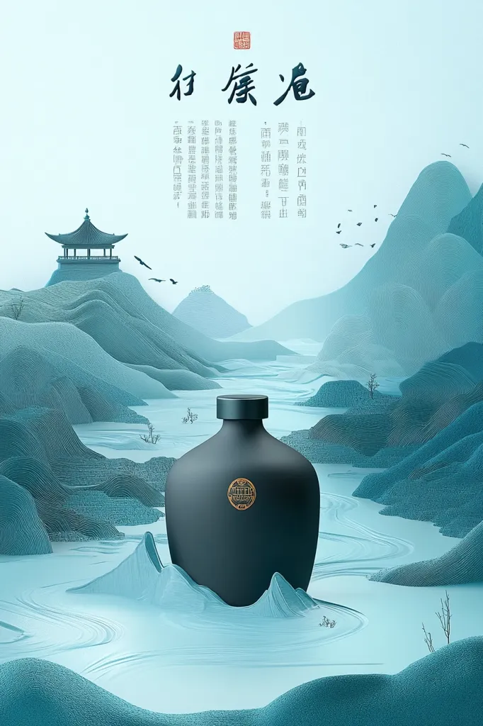 The image showcases a dark blue bottle of liquor against a serene backdrop of stylized mountains and a river. The bottle's design features a circular, golden emblem. The mountains are rendered in a soft, blue hue, creating a sense of tranquility. Above the bottle, a Chinese character for "wine" is prominently displayed. The scene evokes a sense of traditional Chinese aesthetic, highlighting the craftsmanship and elegance of the liquor.