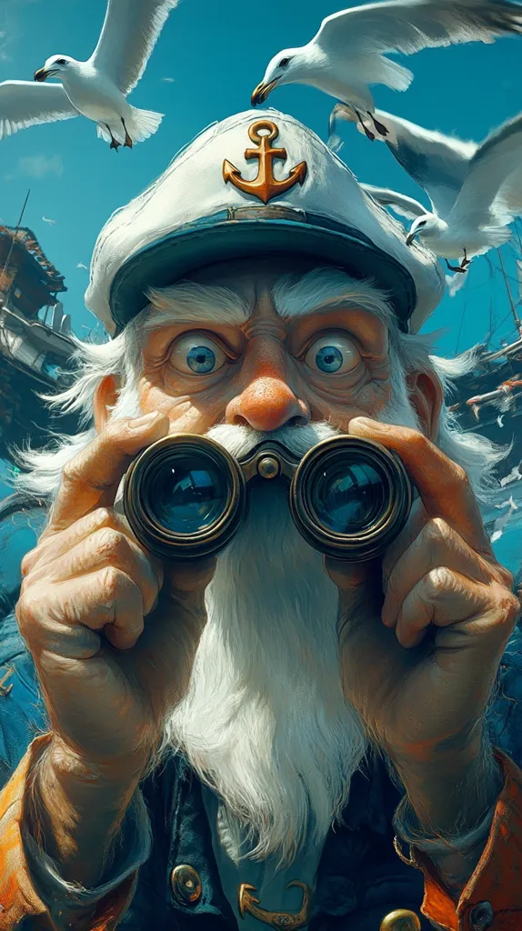 A weathered, long-bearded sailor with a white captain's hat and a golden anchor emblem gazes intensely through binoculars. His eyes are wide with determination. Seagulls fly above him, suggesting he is on a ship at sea, perhaps in the midst of an adventure. The image captures the rugged spirit of a seasoned seafarer.