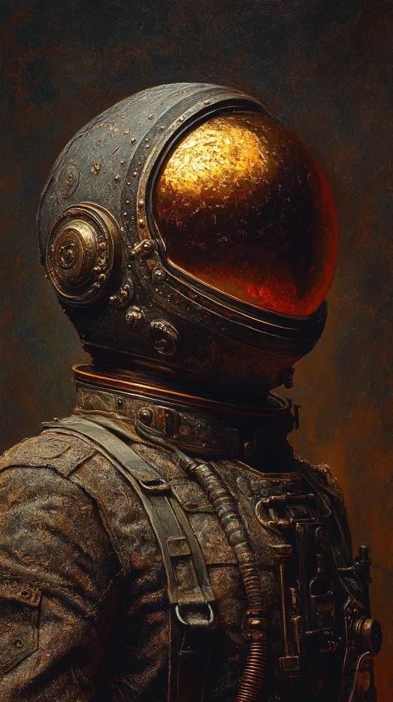 The image depicts a close-up portrait of a weathered astronaut. Their helmet, made of dark metal with a gold-plated visor, is the focal point of the image. The worn texture of the helmet and the astronaut's suit suggest a long and perilous journey through space. The image evokes a sense of mystery and wonder, hinting at the vastness of the universe and the enduring spirit of exploration.