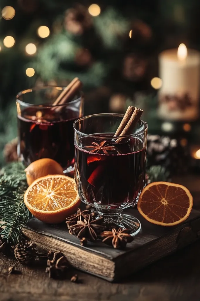 Two glasses of mulled wine, garnished with cinnamon sticks and star anise, sit on an old book. Slices of orange and pine sprigs surround the glasses, creating a cozy and festive atmosphere. The warm glow of lights and a candle in the background enhance the inviting ambiance.  The image evokes a sense of warmth and celebration.