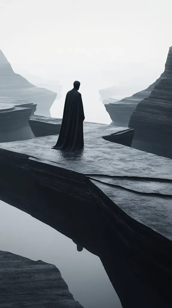 A lone figure in a black cloak stands on a rocky platform, gazing out over a mist-shrouded landscape.  The jagged, gray rock formations rise on either side, creating a sense of isolation and mystery. The figure's silhouette is stark against the pale background, adding to the mood of solitude and contemplation.  The image suggests a moment of profound reflection, perhaps at the edge of the world.