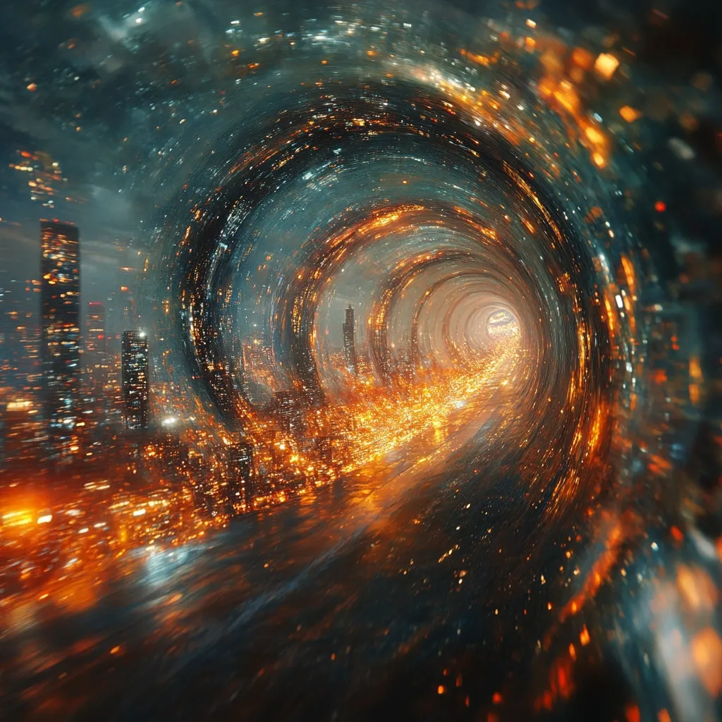 A swirling vortex of light and color, resembling a tunnel or wormhole, stretches out towards a distant horizon. The tunnel is composed of a dense pattern of bright, warm colors, perhaps representing a futuristic city skyline, all enveloped in a swirling, nebula-like expanse. The vibrant glow emanating from the tunnel suggests a journey into the unknown, possibly into another dimension.