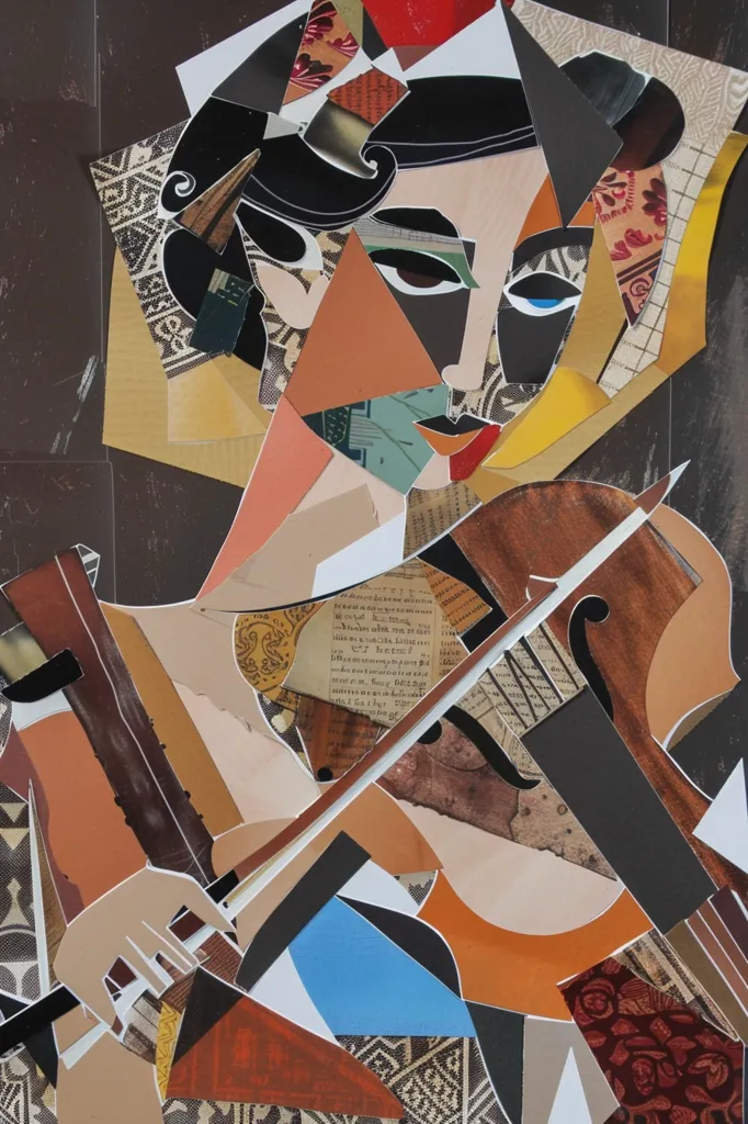 This is a collage artwork depicting a woman playing a violin. The image is made up of various textures and patterns cut into geometric shapes. The woman's face is made of fragmented pieces of paper, including a blue eye, a red lip, and brown hair. The violin is also fragmented, with the body made of brown paper and the bow made of white paper. The background is a dark brown. The artist uses geometric shapes and color to create an abstract and dynamic scene.