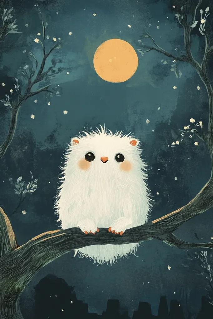 A white, fluffy creature with large eyes sits on a tree branch under a full moon. The sky is a deep blue with scattered white stars. The creature's paws are visible as it sits on the branch, and its fur is very detailed. The scene is peaceful and serene, with a whimsical and enchanting atmosphere.