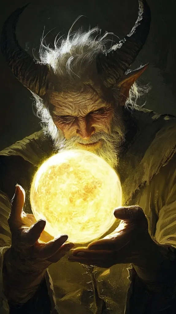 An old, horned man with a long white beard holds a glowing orb in his hands. His face is wrinkled and etched with age, his eyes gazing intently at the light emanating from the orb. The image is dark and atmospheric, suggesting a mystical or magical setting. The man's presence is both powerful and unsettling, hinting at hidden knowledge and ancient secrets.