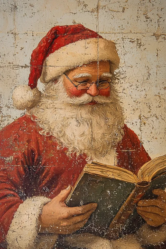 A painting of Santa Claus in a red suit and a white beard, wearing glasses and a Santa hat. He is holding a book in his hands and looking down at it. The background is a white wall with a distressed look.