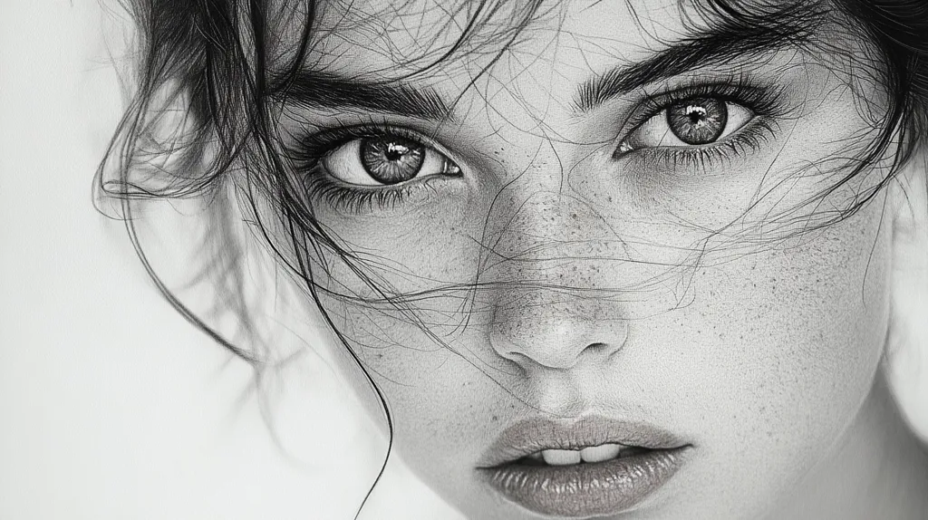 The image is a close-up, black and white portrait of a woman's face. Her hair is falling over her face, and her eyes are looking directly at the viewer.  Her expression is intense and a little mysterious. There are visible freckles on her skin.  The light and shadow create a sense of depth and texture.