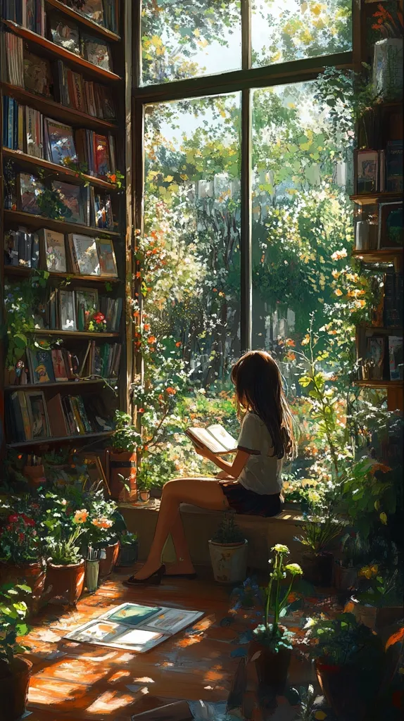 A young woman sits by a large window, reading a book. Sunlight streams in, illuminating the room and casting dappled shadows on the wooden floor. Bookshelves line the walls, filled with colorful spines, and lush greenery spills in from the outdoors, creating a serene and inviting atmosphere.  The scene is a study in the peaceful beauty of nature and the simple pleasures of reading.