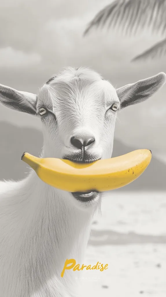 A white goat with large ears is holding a yellow banana in its mouth. The goat's face is looking straight at the camera, with its mouth open and its teeth visible. The background is a blurred out black and white image of a beach. The word "Paradise" is written in yellow at the bottom of the image.