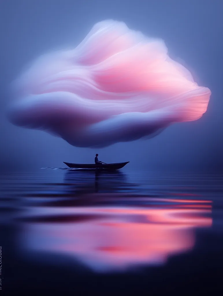 A solitary figure rows a small boat across a calm, still body of water. A large, ethereal cloud, resembling cotton candy, hangs overhead, casting a soft pink glow onto the water's surface. The sky fades from a deep blue to a light purple, creating a dreamlike atmosphere. The scene evokes a sense of tranquility and wonder.