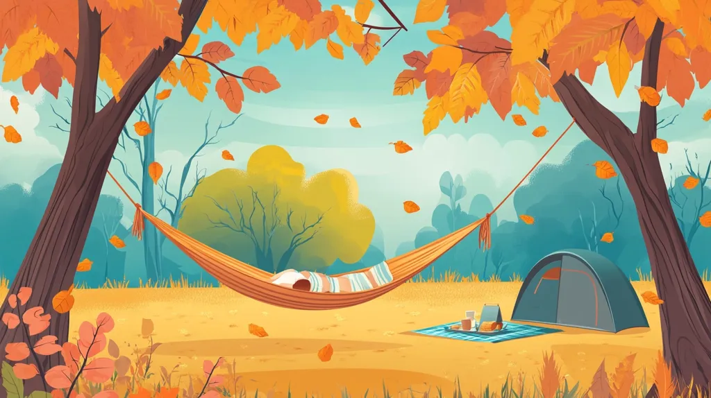 A picturesque autumn scene with two trees adorned with vibrant yellow leaves. A person relaxes in a hammock strung between the trees, while a tent sits nearby. Fallen leaves scatter the ground, adding to the tranquility of the setting.  The backdrop features a mix of green and blue hues, creating a sense of depth and serenity.  The scene evokes a sense of peace and relaxation, ideal for a peaceful getaway.