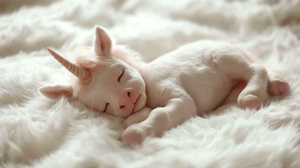 A small, white unicorn sleeps peacefully on a fluffy white blanket. Its eyes are closed and its horn is curled back. The unicorn's soft fur is visible, and its hooves are tucked underneath its body. The image evokes a sense of innocence and tranquility.