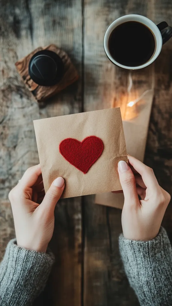A person holds a brown envelope with a red felt heart on it. The envelope is being held over a rustic wooden table, with a cup of coffee and a black object in the background. The person is wearing a grey sweater. The image is warm and inviting, conveying a sense of love and affection.