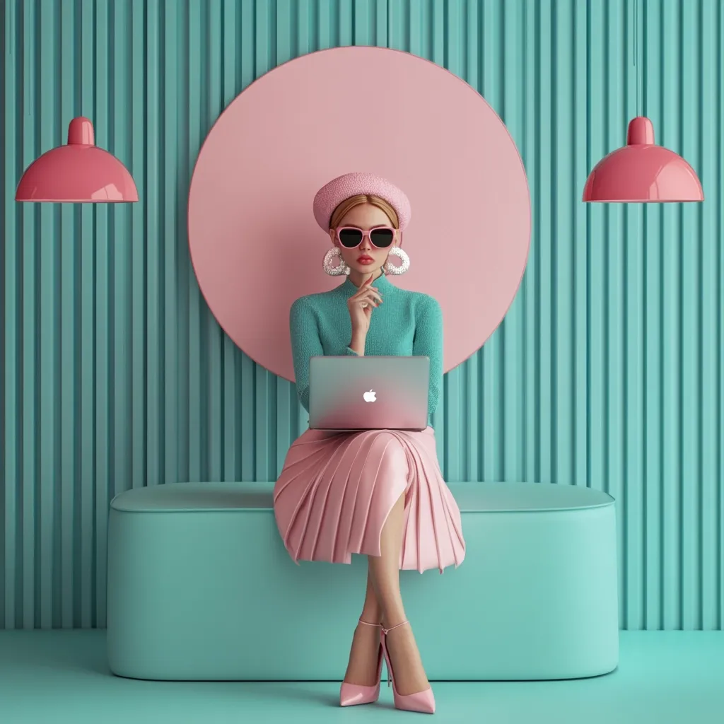 A stylish woman in a pink beret and sunglasses sits on a turquoise bench, using a laptop. She is positioned in front of a large pink circle against a turquoise ribbed wall. Two pink lamps hang on either side of the circle. The image evokes a sense of playful sophistication.