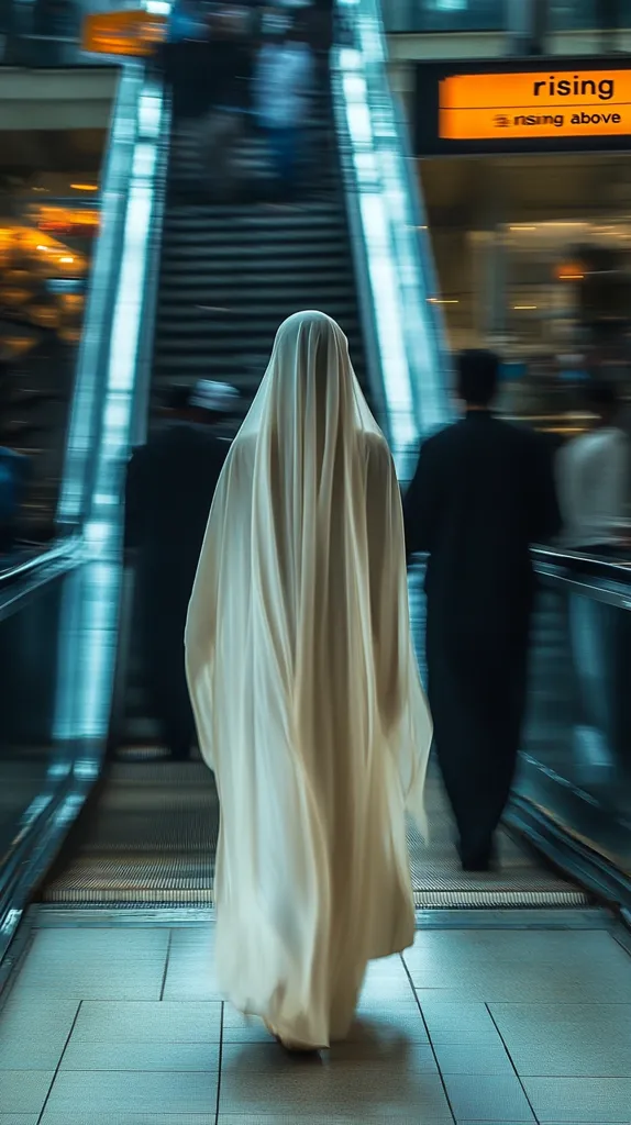 A person wearing a white veil walks down an escalator in a modern building. The person is in focus while the background is blurred, creating a sense of movement and isolation. The escalator is empty and the person appears to be alone, walking towards a sign that reads "rising rising above".  The image has a haunting and mysterious atmosphere.