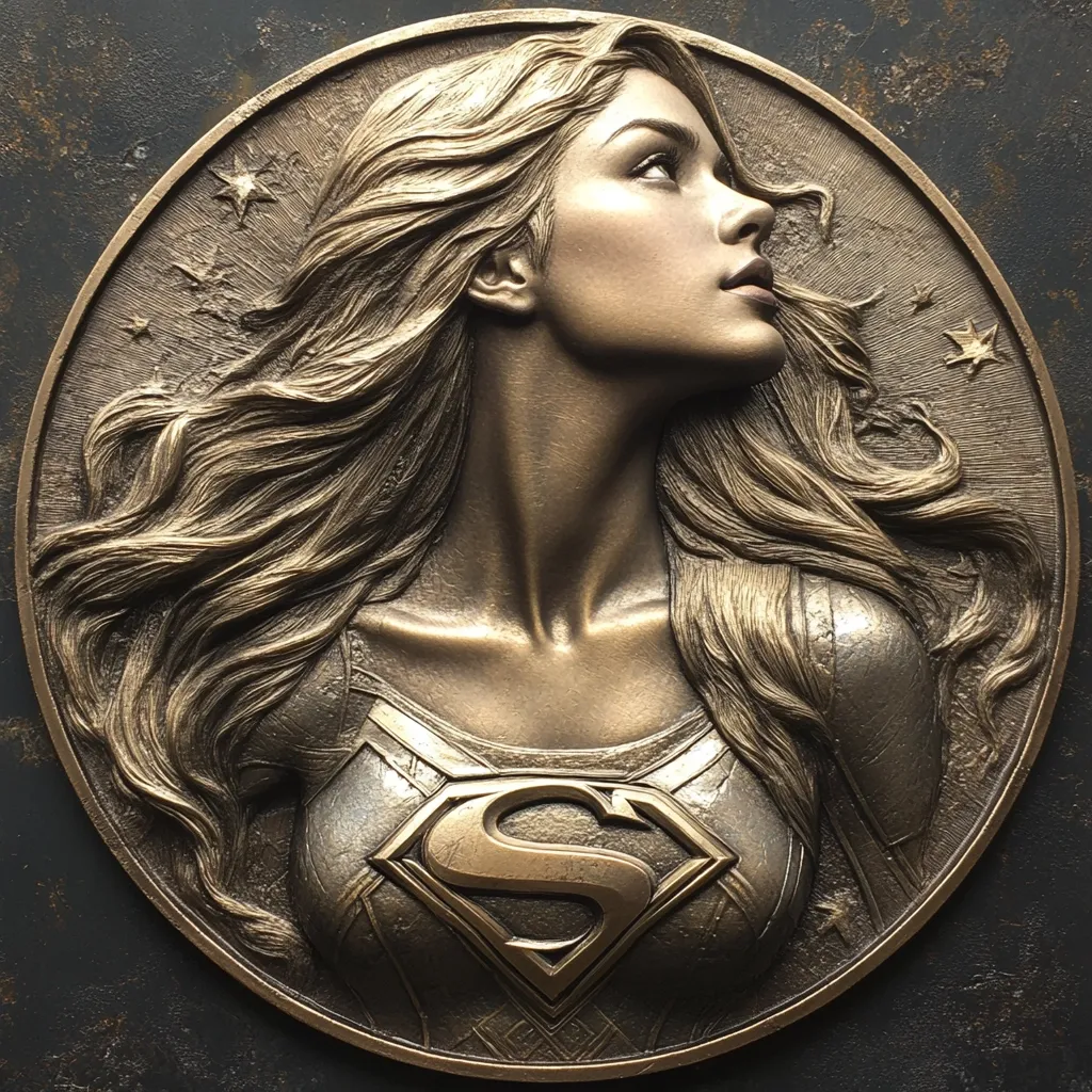 A bronze bas-relief sculpture of a woman with flowing hair, wearing a Superman costume. The woman looks upwards, her expression determined. The sculpture is circular and set against a dark, textured background.  Stars are visible on the background, adding to the celestial theme.  The intricate details of the woman's hair and the embossed Superman emblem demonstrate exceptional craftsmanship.