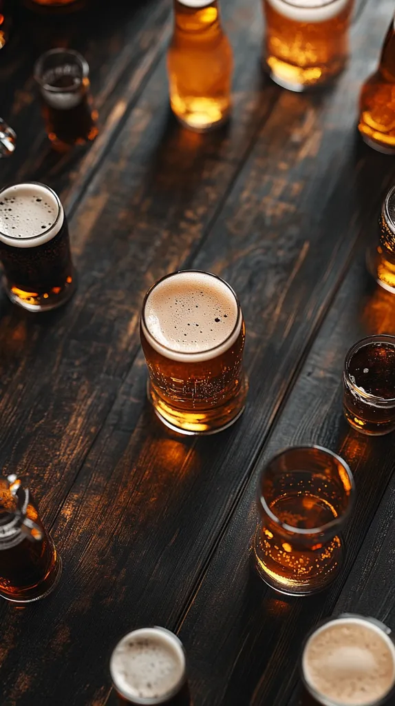 A variety of alcoholic beverages sit on a dark wooden table.  A couple of bottles of beer are visible, along with numerous glasses of beer and some shots of liquor. The table is old and worn, giving the scene a classic pub feel.  The lighting casts warm shadows, making the drinks shimmer.  The image invites the viewer to join in on the lively atmosphere.