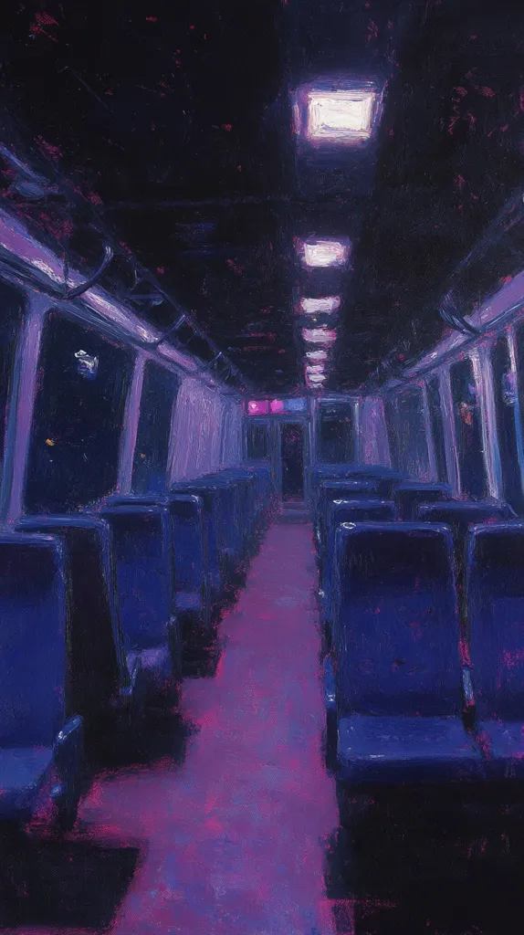 The image depicts the interior of a train car, with rows of blue seats lining either side of the aisle. The fluorescent lights above cast a cool, bluish hue over the space, creating a sense of solitude and emptiness. The car is empty, with no passengers in sight. The focus is on the rows of seats, which create a sense of perspective and distance. The overall atmosphere is serene and tranquil, suggesting a moment of quiet contemplation.  The blurry lines suggest a painted image.