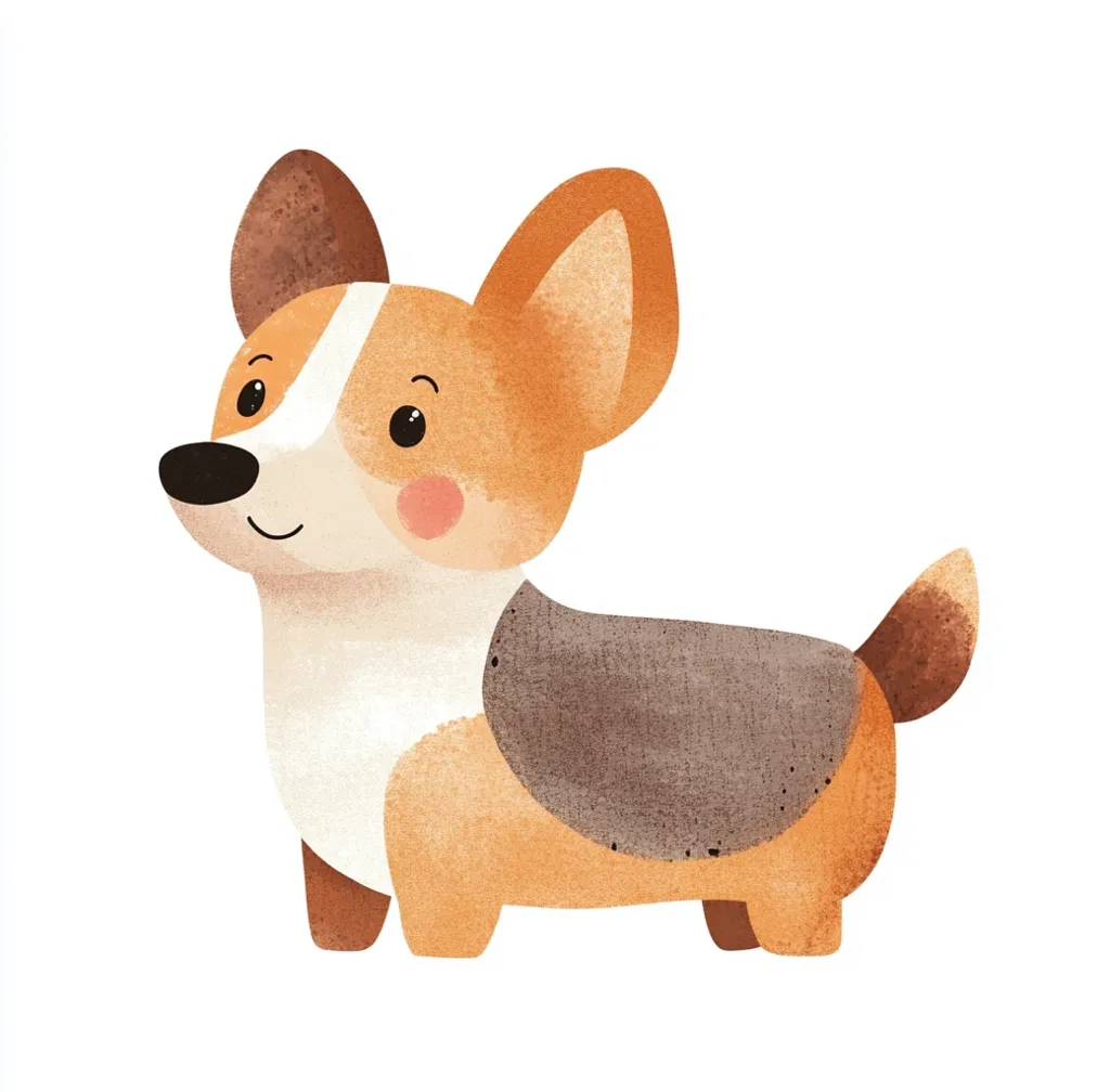 The image shows a cartoon illustration of a brown and white corgi dog with a gray patch on its back. The dog is standing with its head tilted slightly to the side, looking happy and friendly. It has a cute, cartoonish style with large eyes and a fluffy tail. The background is a plain white, highlighting the dog.