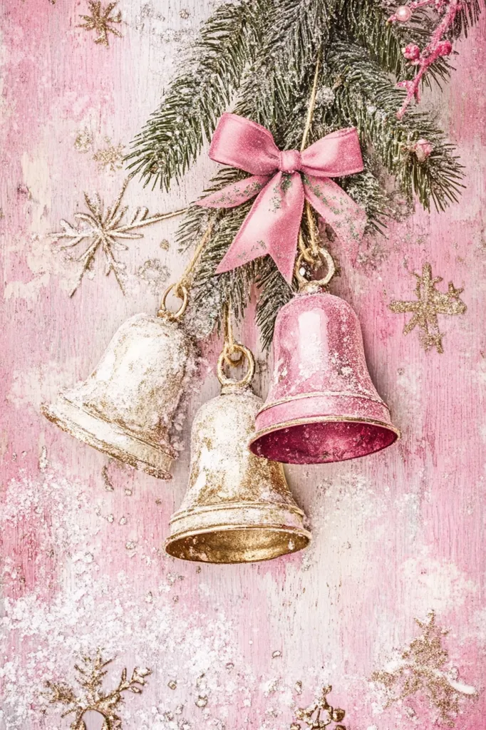 Three bells hang from a snowy evergreen branch adorned with a pink bow. The bells are gold and pink, with a distressed, vintage finish. They are set against a background of light pink wood covered in white snow.  The scene exudes a warm and festive Christmas charm.