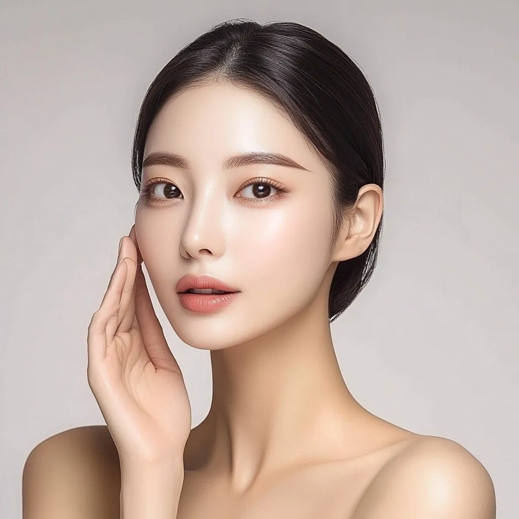 The image is a close-up portrait of a young woman with long black hair. She is looking directly at the camera with a neutral expression. Her skin is flawless and her makeup is minimal. She is wearing a simple outfit and her hair is styled in a sleek, straight style. The background is a plain grey wall. The image is likely a beauty shot, showcasing her clear skin and delicate features.