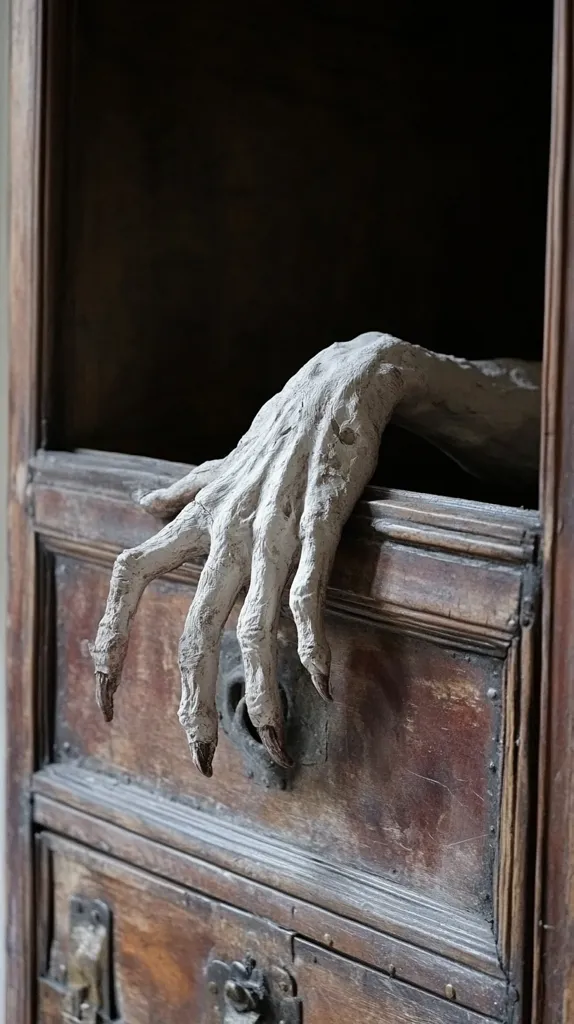 A pale, skeletal hand with long, bony fingers reaches out from a drawer in an old wooden cabinet. The hand appears to be reaching out of the cabinet, its fingers curved as if grasping for something. The dark and aged wooden cabinet adds to the eerie atmosphere of the image. The image evokes a sense of mystery and suspense.
