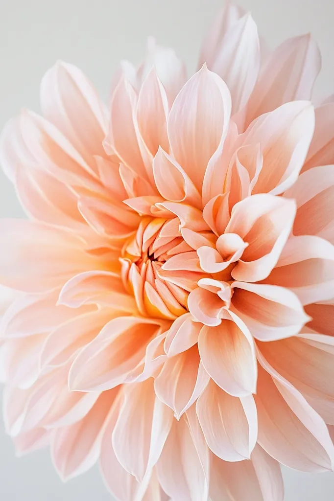 A close-up shot of a delicate peach-colored dahlia with soft, velvety petals. The flower is in full bloom, revealing its intricate layers and delicate texture. The light background highlights the flower's beauty and creates a sense of tranquility.  The image captures the subtle beauty and fragility of nature.
