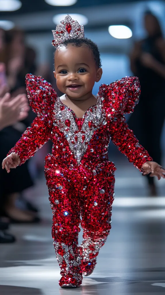 A young child, dressed in a sparkling red and silver jumpsuit with a crown, walks down a runway with a smile on their face. The jumpsuit is covered in sequins and rhinestones, creating a dazzling effect. The child's dark hair and brown eyes are accentuated by the glitter, making for a memorable and stylish look.