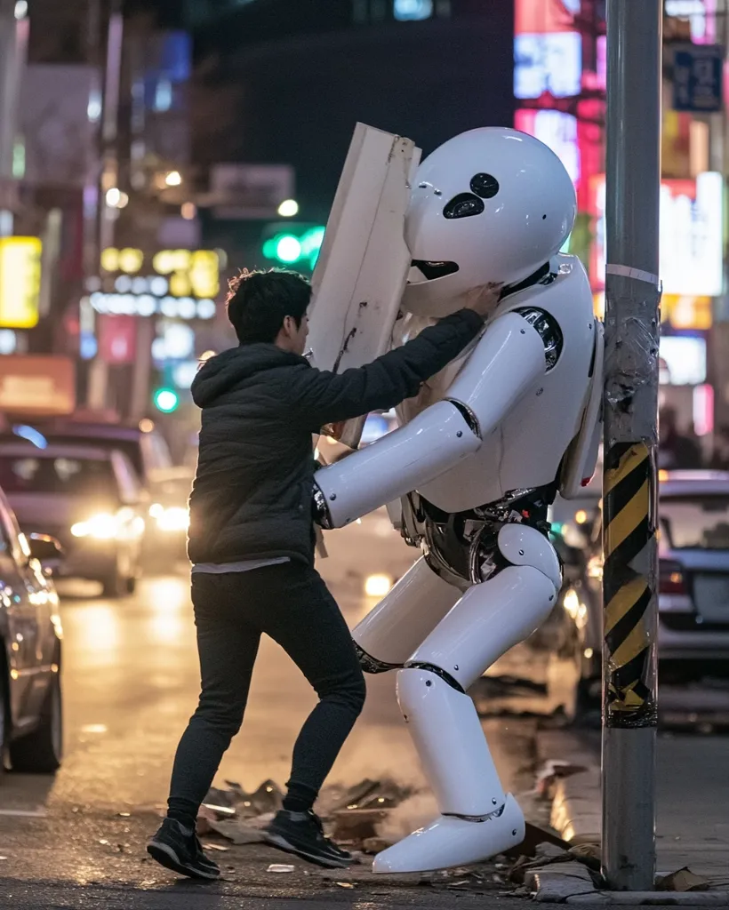 A man in a black jacket and black pants is struggling to hold back a large, white robot with a round head.  The robot is attempting to move forward and is pushing against the man.  The man is using his whole body to try to hold the robot back. The scene takes place on a street at night.  There are blurred lights and cars in the background.  The robot is leaning against a streetlight.