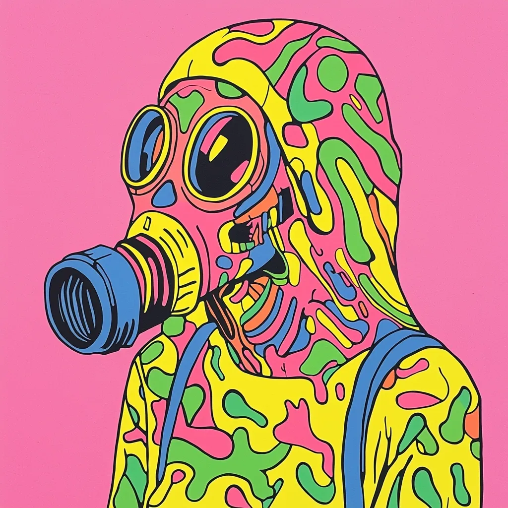 The image is a vibrant and colorful illustration of a person wearing a gas mask. The mask is pink and blue, with black detailing, and the person's body is covered in a bright, swirling pattern of pink, yellow, green, and blue. The background is a solid pink. The illustration appears to be a commentary on environmental issues or the dangers of pollution.