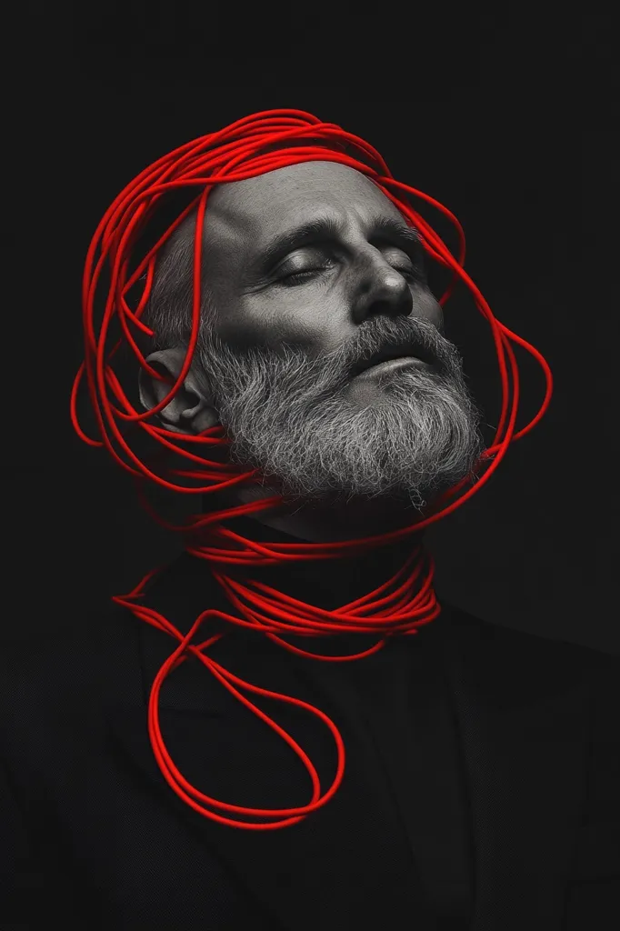 A man with a gray beard and closed eyes is wrapped in red rope that circles his head and neck. The image is in black and white except for the bright red rope. The man's face is serious, and the rope suggests a sense of confinement or control. The background is dark and undefined. The image has a striking visual contrast and evokes a sense of mystery and intrigue.