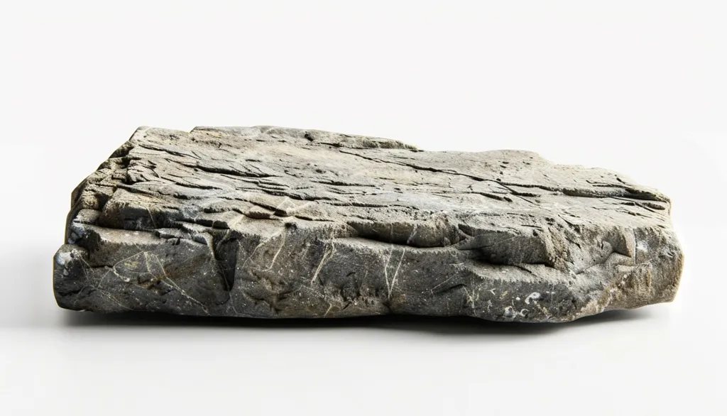 A large, flat, gray rock with a rough, textured surface rests on a white background. It's a sturdy and solid object, with many cracks and crevices on its surface, showing signs of weathering and erosion. Its irregular shape and natural feel suggest a piece of rock from nature, highlighting its organic origin.