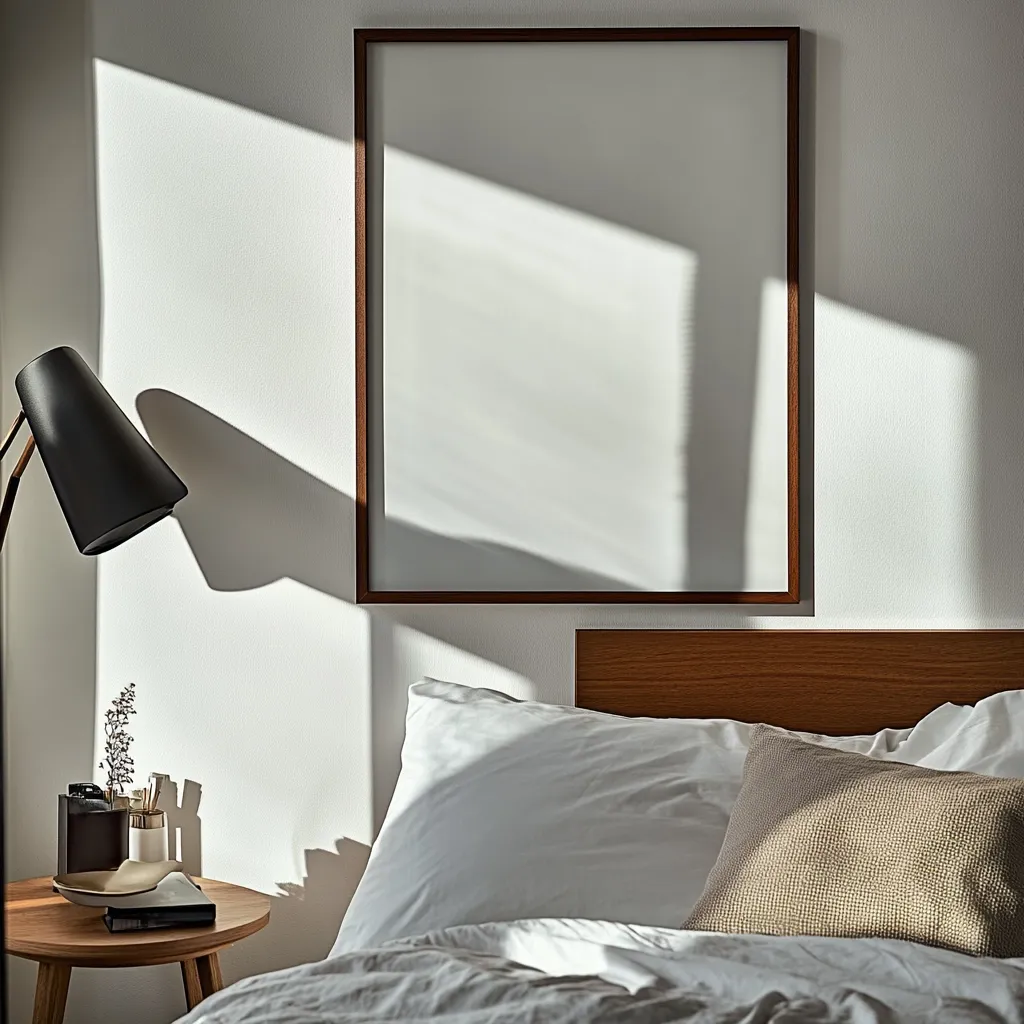 A minimalist bedroom with a white wall, a large framed picture, and a bed with white linens and a tan pillow. A black lamp with a black shade is on a wooden side table next to the bed. The room is bathed in sunlight, casting shadows across the wall and furniture.  The image suggests a peaceful and restful atmosphere.