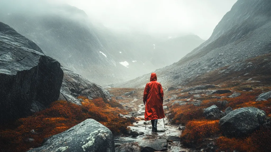 A lone hiker in a bright red raincoat walks along a rocky path in a foggy, mountainous landscape. The path winds through a valley, surrounded by towering, mist-shrouded peaks. The hiker is equipped with trekking poles, suggesting they are on a long journey. The image evokes a sense of solitude, adventure, and the beauty of the natural world.