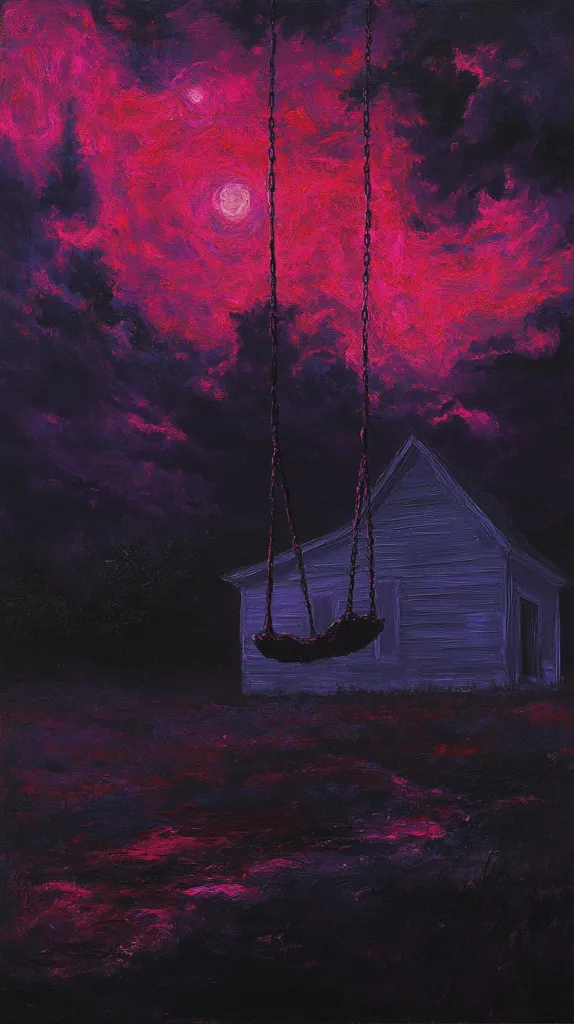 The painting depicts a solitary house standing against a backdrop of a dark, ominous sky. The sky is painted in shades of deep purple and magenta, with hints of a pale pink moon. A swing hangs from the front porch of the house, swaying gently in the wind. The overall mood of the painting is one of eerie stillness and solitude.  The use of dark colors and the absence of any human figures creates a sense of mystery and anticipation.