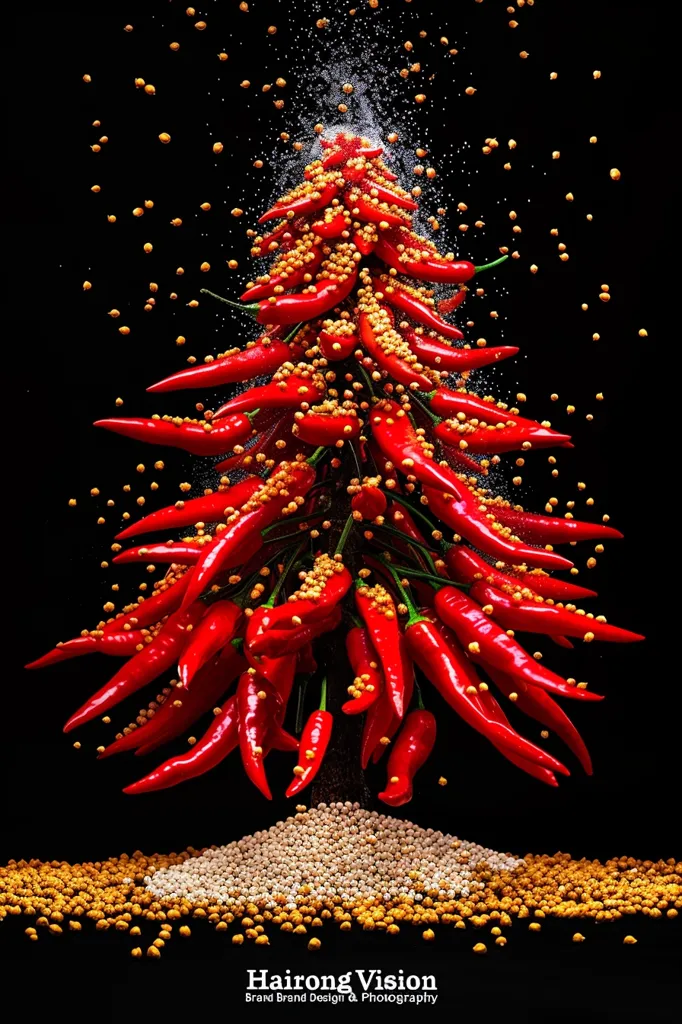 A vibrant red chili pepper Christmas tree stands tall against a black background. The tree is adorned with small, round yellow seeds that resemble ornaments. The peppers are arranged in a symmetrical pattern, creating a festive and eye-catching display. Yellow seeds are scattered on the ground below the tree, resembling fallen leaves. The image evokes a sense of celebration and creativity.