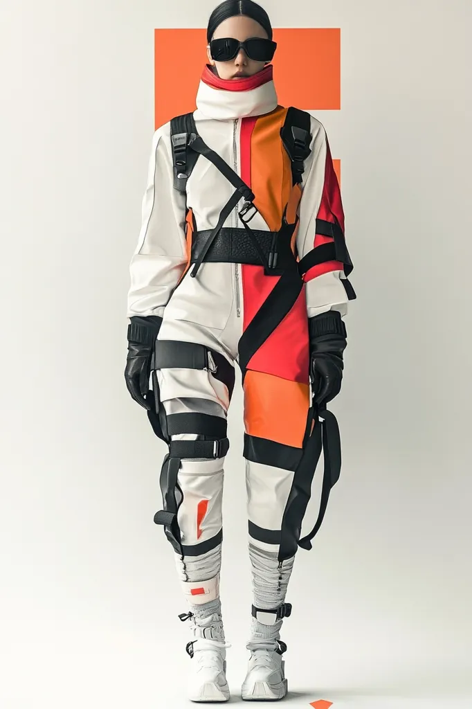 A young woman is wearing a white, orange and red futuristic jumpsuit with black accents. The jumpsuit features a high collar, a large belt, and numerous straps and buckles. She is wearing black sunglasses and white sneakers. The background is a plain white wall with a small orange rectangle at the bottom right corner. The overall image is one of modern, futuristic fashion.