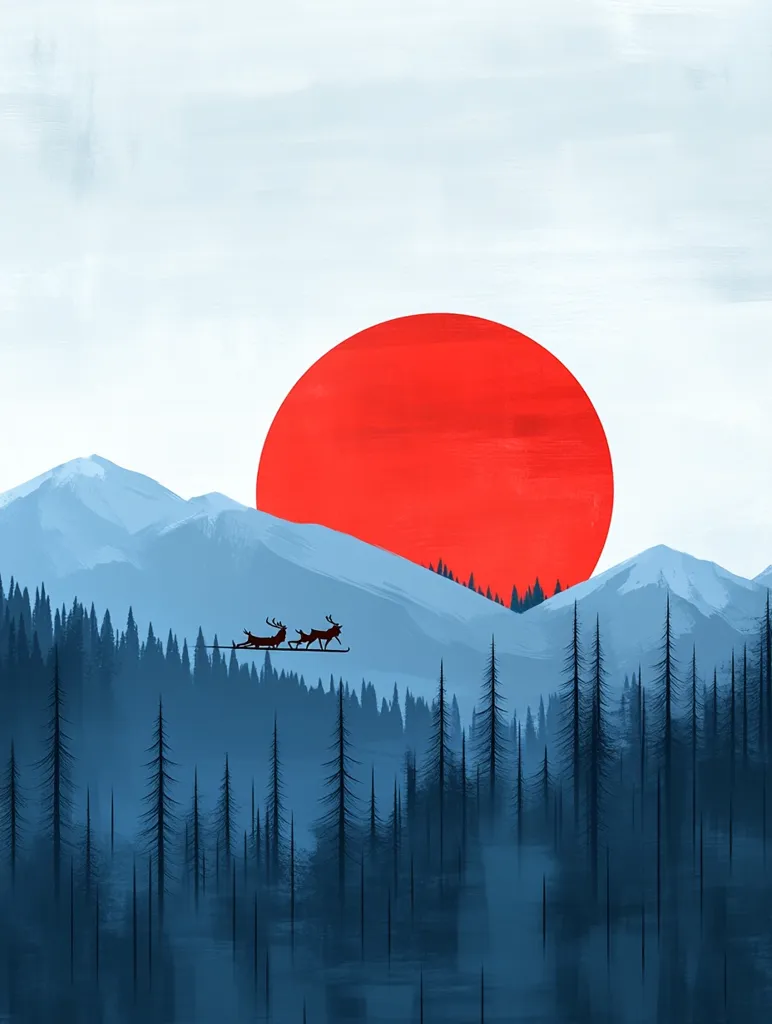 A large, red sun sets over a snowy mountain range. A dense forest of dark blue trees fills the foreground, with a faint mist rising up. Two reindeer pull a sleigh with Santa Claus in it across the sky.  The scene is minimal and serene, with a peaceful Christmas theme.