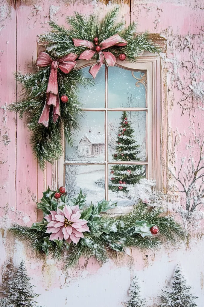 A pink painted wooden window is adorned with a festive garland of evergreen branches, pink bows, and red berries. The window frame is white and the glass shows a snowy scene with a house and a Christmas tree. The entire scene is covered in a light dusting of snow, creating a whimsical winter wonderland.