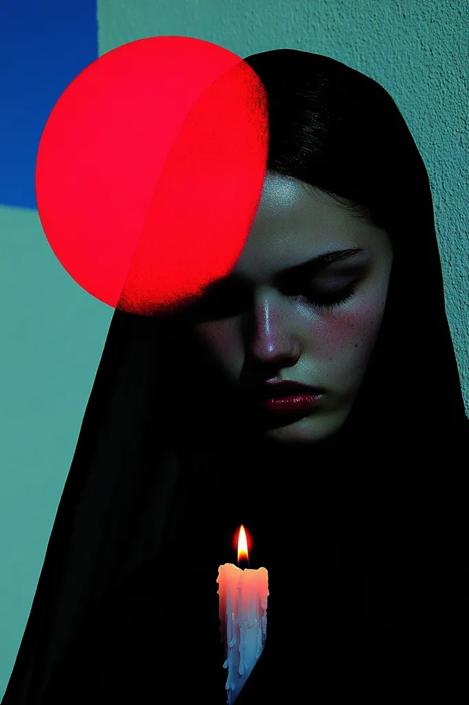 A woman in a dark headscarf gazes downward, her face illuminated by a red circle above her head. She holds a lit candle in front of her, the flame casting a warm glow against the dark background.  The image evokes a sense of mystery and introspection.