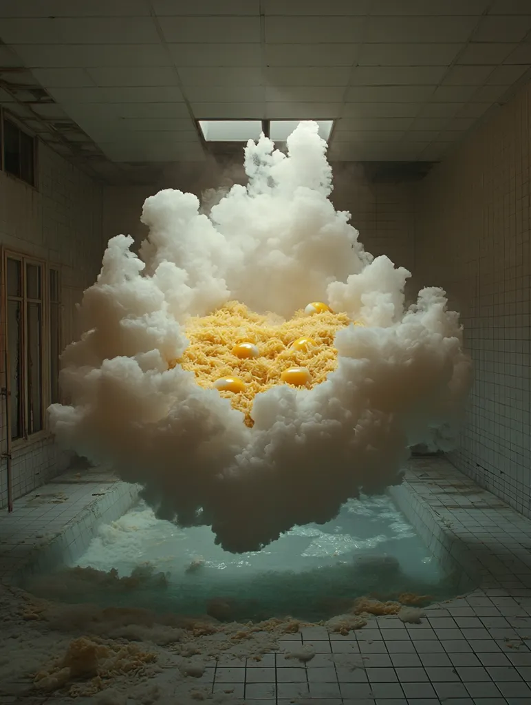A large, fluffy cloud, reminiscent of a giant egg, hovers above a tiled room with a pool of water below. The cloud is filled with yellow, egg-like objects, creating a surreal and dream-like atmosphere. The room's sterile white tiles and the cloud's ethereal presence create a stark contrast, making the scene both intriguing and unsettling.
