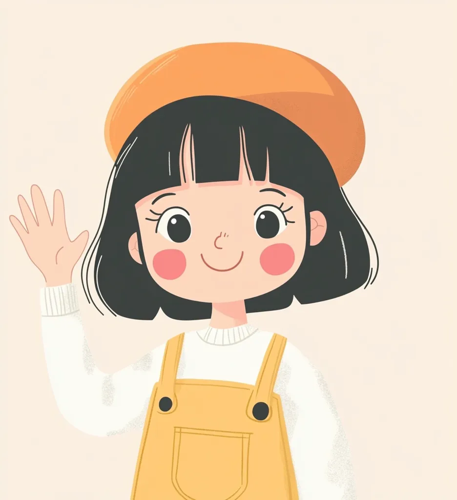 The image depicts a cartoon girl with short black hair, wearing a white sweater, yellow overalls, and an orange beret.  She has rosy cheeks, big eyes, and a bright smile as she waves with her right hand. The background is a soft beige color. The illustration conveys a sense of friendliness and warmth.