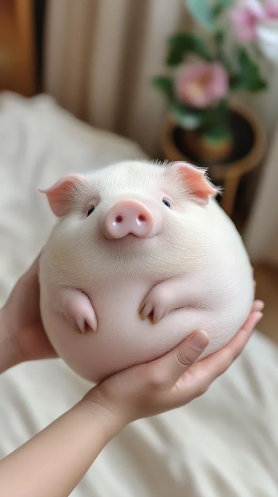 A small, white piglet with pink ears and snout is being held in someone's hands. The piglet is round and chubby, with its legs tucked under its body. It is looking up at the camera with a sweet and innocent expression. The piglet's fur is soft and smooth, and its skin is pink. The background is blurred, with a soft, light color. The image conveys a sense of cuteness and tenderness.