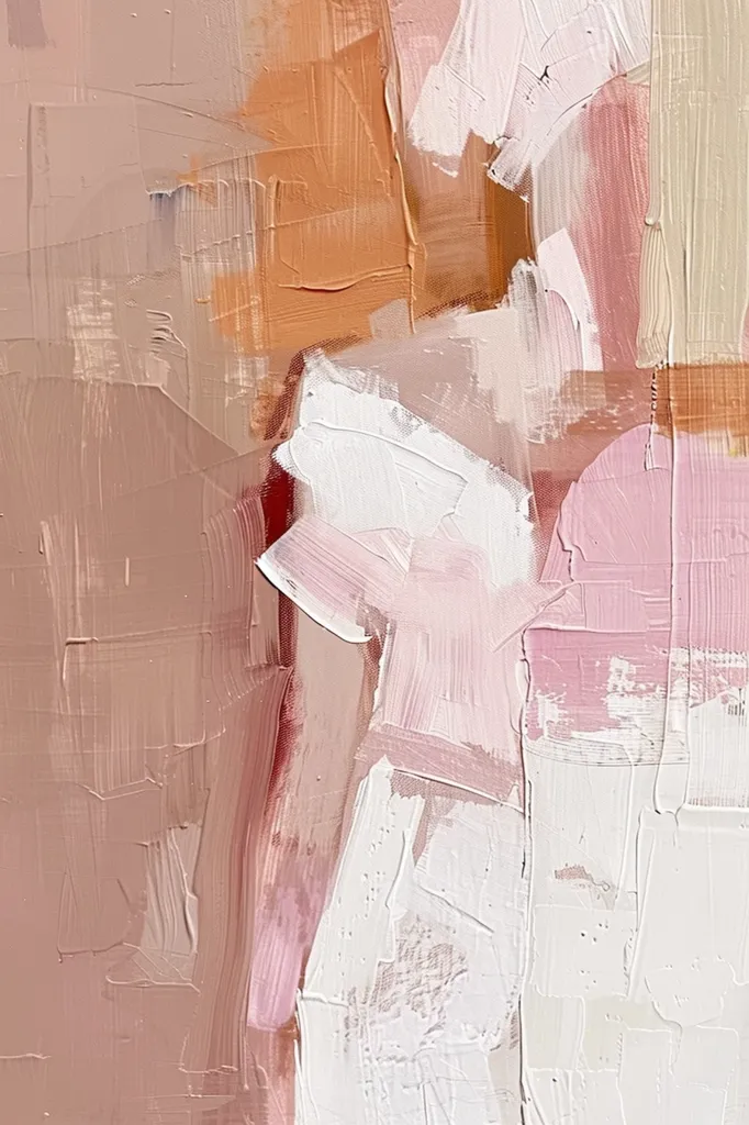 The image is an abstract painting with thick layers of peach, pink, and white paint. The strokes are visible, adding texture and depth. The colors blend together, creating a sense of movement and flow. The composition is balanced, with the different hues interacting harmoniously.  The painting evokes a sense of warmth and softness.