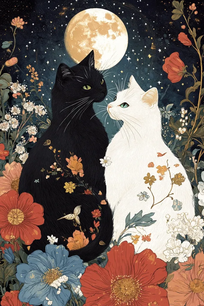 A black cat and a white cat face each other in a field of brightly colored flowers beneath a full moon. Stars twinkle in the night sky. The image evokes a sense of peace and serenity, with the cats' gentle gaze suggesting a connection beyond the ordinary. The vibrant floral arrangement adds to the dreamlike atmosphere, while the moon provides a soft, ethereal glow.